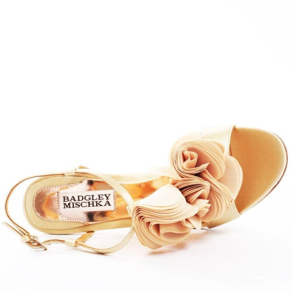 Badgley Mischka Heels Womens Randee Ruffle Flower Ankle Strap in Gold Satin - Picture 5 of 6